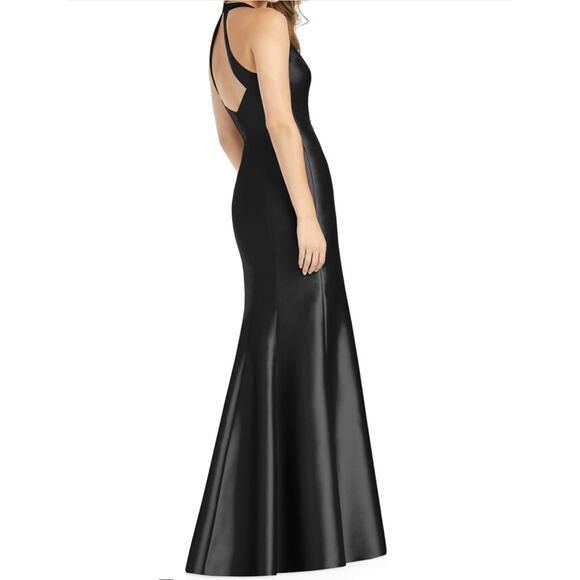 Alfred Sung Solid Black Satin Trumpet Gown Maxi Thigh-Slit Sample Dress 8 - Picture 2 of 7